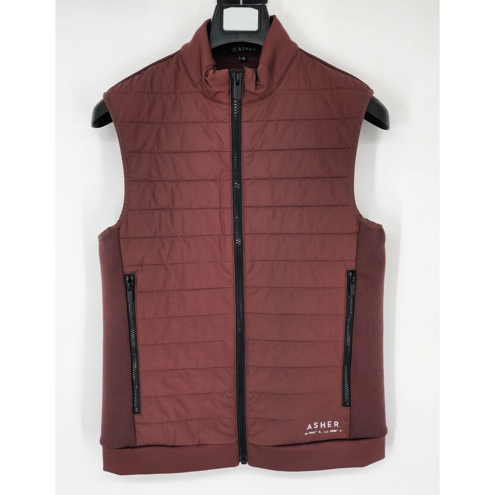 Asher Golf‎ Tech Vest Quilted Men's Size Small Brown Full Zip Stretch EUC